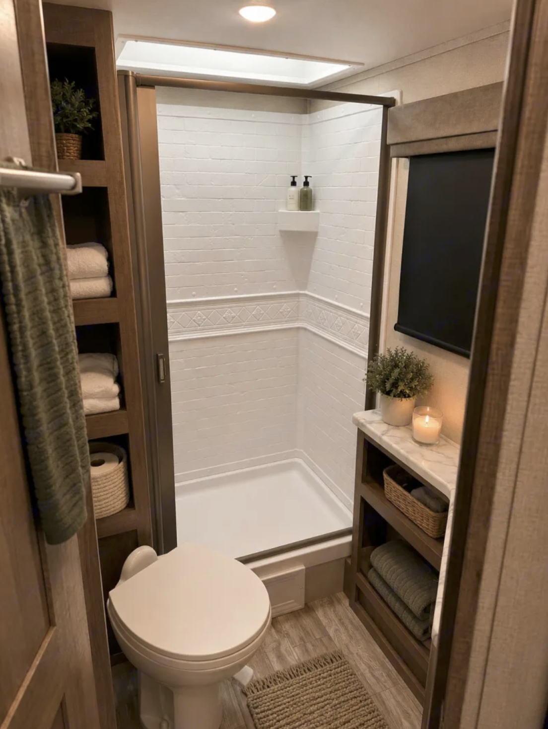 Full bathroom with a white subway-tile corner shower, skylight and stocked towel shelving