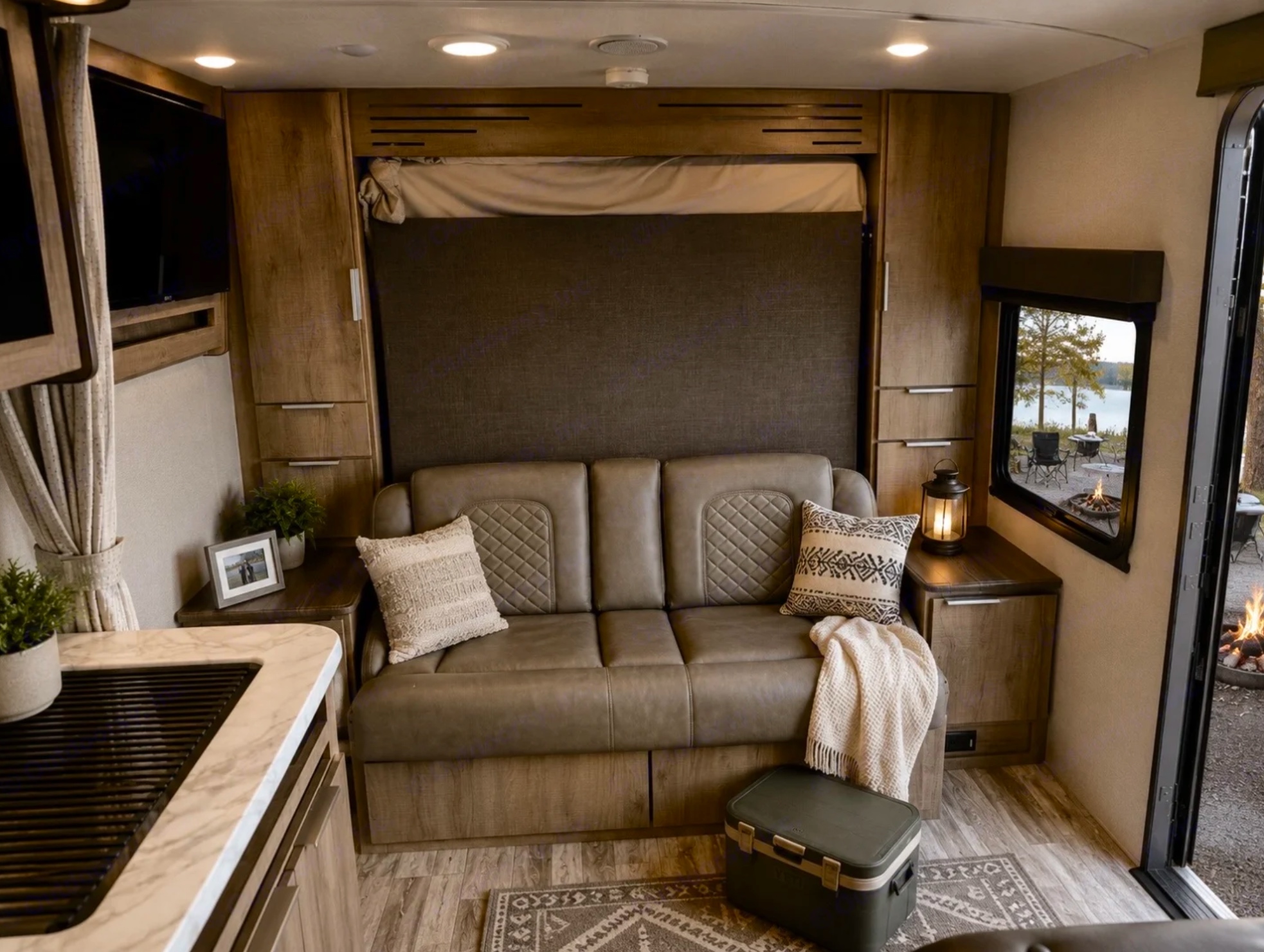 Cozy living area with a leather sleeper sofa, fold-down bunk, throw pillows and a lake view window