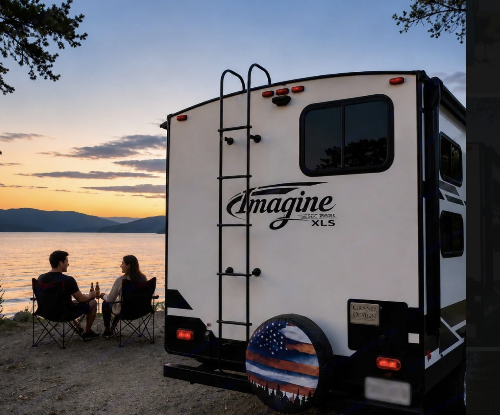 A couple relaxing in camp chairs by the lake beside the camper at dusk
