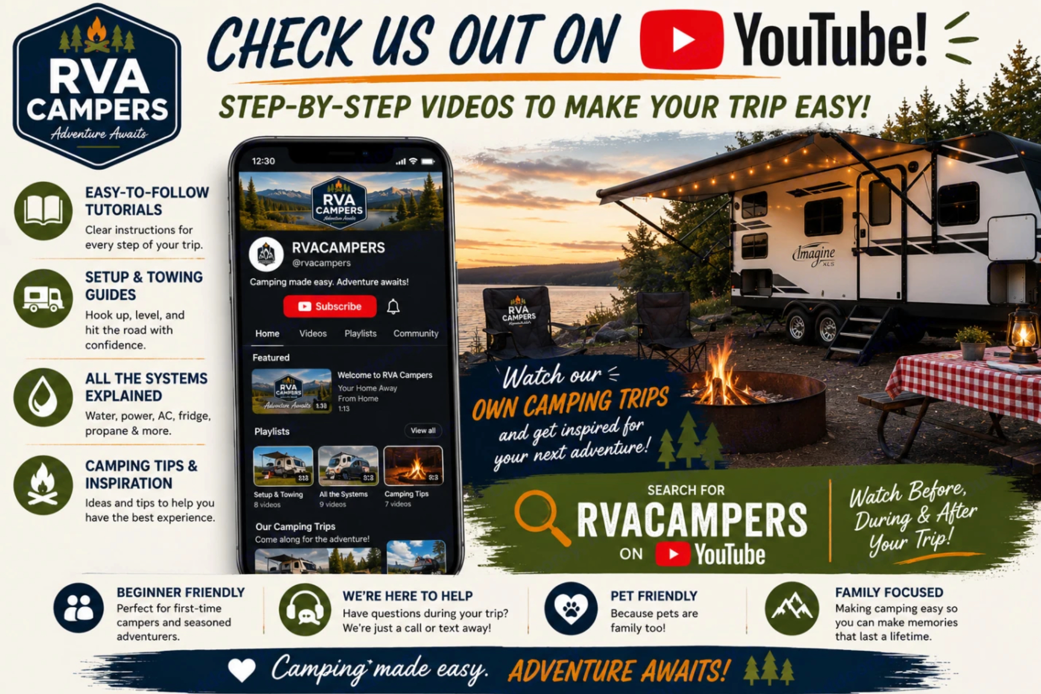 RVA Campers YouTube channel — step-by-step videos to make your trip easy, with tutorials, setup and towing guides, and camping tips